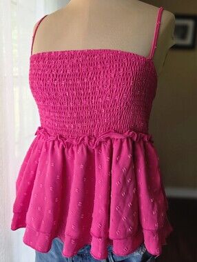 Droimp Hot Pink Swiss Dot Smocked Peplum Cami Tank Top Size Large Vibrant Summer